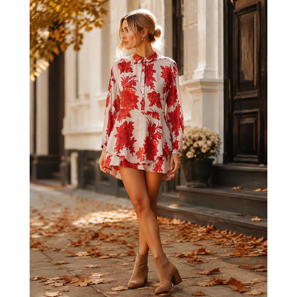Free People Shake It Tunic Dress Floral Mini Grey Red Long Sleeve Tiered Boho S
